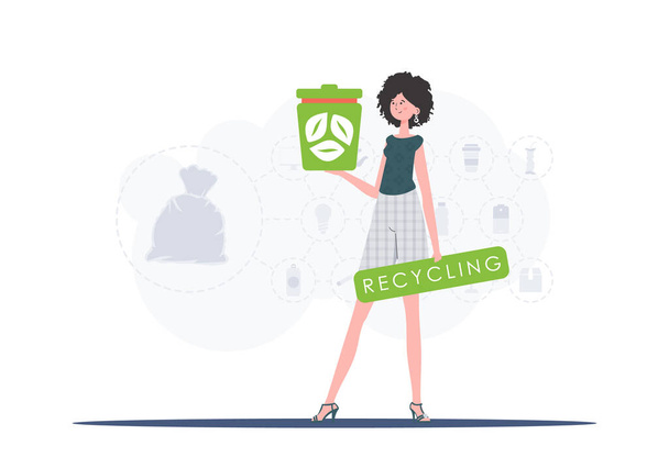 Das Konzept von Recycling und Null Abfall. Eine Frau hält eine Urne in den Händen. Trendiger Charakterstil. Vetcor. - Vektor, Bild