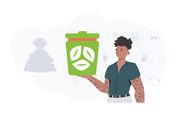 The concept of ecology and recycling. Stylish man holding a trash can in his hands. Vector illustration Flat trendy style. - Vektör, Görsel