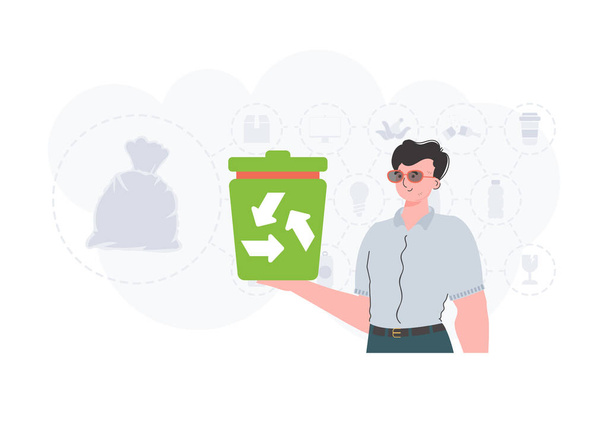 The concept of ecology and recycling. The guy is holding a trash can. Vector illustration Flat trendy style. - Vettoriali, immagini