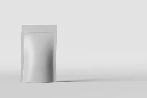 Білі сумки маскують брендинг світлого фону 3D рендеринга. Дизайн упаковки товарів. Порожня фольга з кавових зерен doy pack. Шаблон продукту для закуски чаю. Демонстрація продажу магазину
 - Фото, зображення