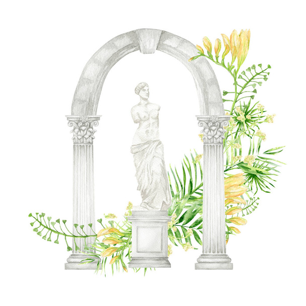 Ancient greek sculpture Venus goddess, arch with column corinthian order, greenery bouquet, Watercolor Antique Greece mythology statues bust hand drawn illustration, Venus de Milo sculpture drawing. - 写真・画像