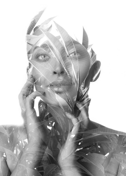 Double exposure portrait combining a portrait of a beautiful woman and nature - 写真・画像