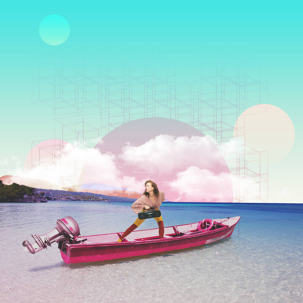 Contemporary art collage. Colorful design with stylish young girl floating on boat into ocean. Music enjoyment. Concept of creativity, surrealism, retro style, imagination, vacation. Poster, ad - Fotografie, Obrázek