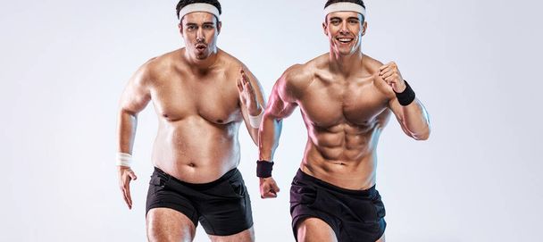 A very fat man jogging to lose weight and become a slim athlete. Running sport man. Awesome Before and After Weight Loss fitness Transformation. Fat to fit concept - Fotografie, Obrázek