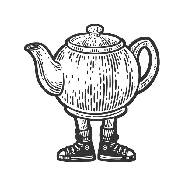 kettle teapot on legs sketch engraving raster illustration. T-shirt apparel print design. Scratch board imitation. Black and white hand drawn image. - Φωτογραφία, εικόνα