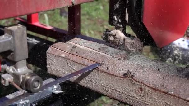 Nahaufnahmen einer industriellen Sägebandsäge, die die Rinde von Baumstämmen hackt. Detail der Holzlattenproduktion mit Kopierraum. - Filmmaterial, Video