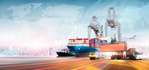 Global business logistics import export of containers cargo freight ship loading at industrial port and truck on world map network distribution background, Logistics transportation worldwide concept - Photo, Image