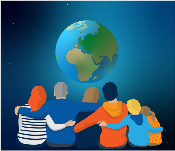 vector illustration of a united, forward-looking family holding each other by the waist. Parents, grandparents and children support each other and contemplate the planet - Διάνυσμα, εικόνα