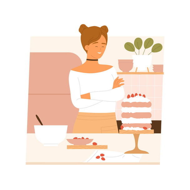 Girl in the kitchen decorating the cake with fresh strawberries. Sweet, modern cake aesthetic. Woman cooking organic dessert. Vector illustration in cartoon style. Isolated white background. - Διάνυσμα, εικόνα