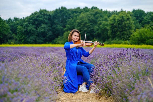 Full body adult woman violinist playing violin and sitting on summer lavender field, romantic musician in blue dress enjoying walking on nature - Photo, image