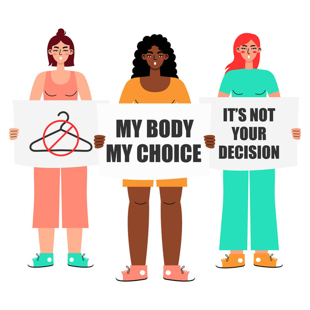Frauenprotest. Frauen, die Zeichen Mein Körper - Meine Wahl halten und in einen Lautsprecher sprechen, isoliert auf weißem Hintergrund. Pro-Choice-Aktivisten unterstützen Abtreibungsrechte. - Vektor, Bild