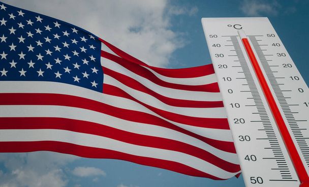 Теплова хвиля в США, термометр перед прапором США і фоном неба, теплова хвиля в США, екстремальна спека в США, 3D робота і 3D зображення - Фото, зображення