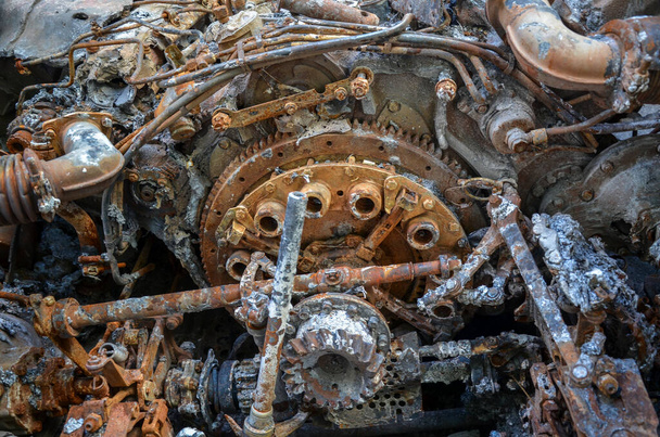 Close-up of the engine of a destroyed russian BMD-2 Airborne Fighting Vehicle after combat strike of Ukrainian armed forces - 写真・画像
