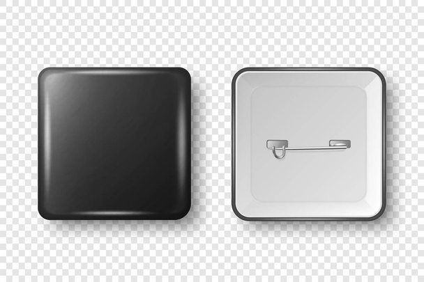Vector 3d Realistic Square Black Metal, Plastic Blank Empty Button Badge Icon Isolated. Button Pin Badge. Glossy Brooch Pin. Top View - Front and Back Side. Template for Branding, Mock-up. - Вектор,изображение