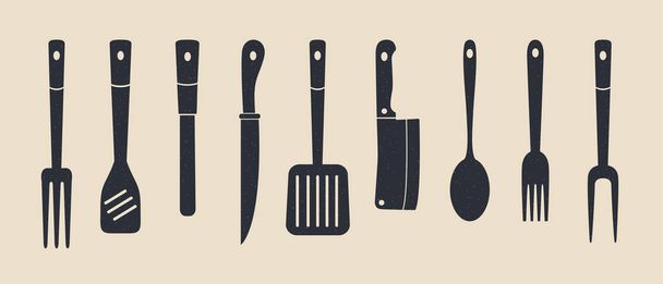 Collection of butcher and bbq supplies. Meat knives, grill fork, spatula. Kitchen tools. Vector illustration. - Vector, Image