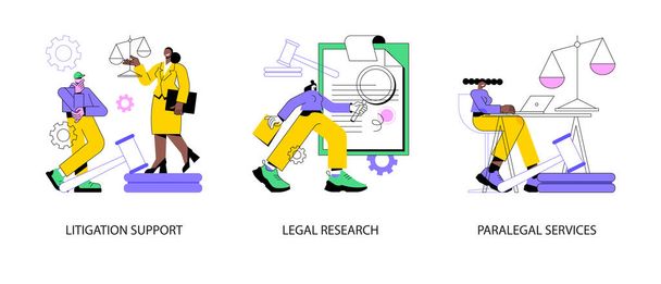 Law firm abstract concept vector illustration set. Litigation support, legal research, paralegal services, forensic accounting, consulting, data collection, attorney legal work abstract metaphor. - Vector, Image