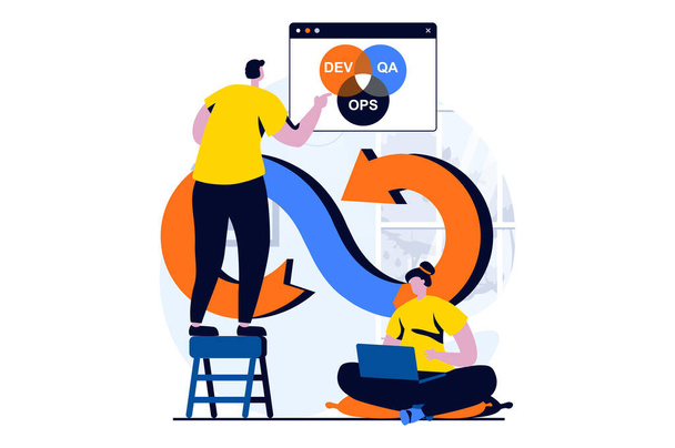 DevOps concept with people scene in flat cartoon design. Man and woman administer and optimize effective work with programming apps and software in IT company. Vector illustration visual story for web - ベクター画像