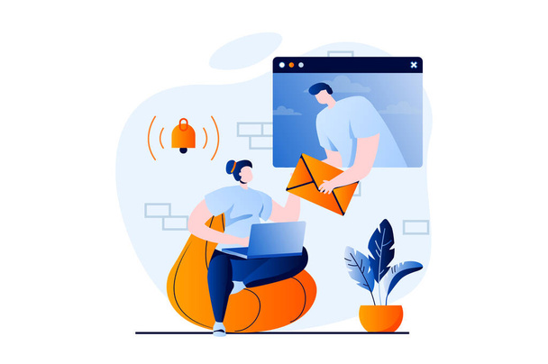 Email service concept with people scene in flat cartoon design. Woman receives new email notification on laptop. Man sending promo email. Online communication. Vector illustration visual story for web - ベクター画像