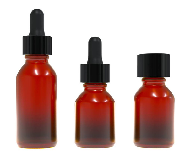 Gezicht olie serum amber bruin glas drie verschillende flessen set, ontwerp klaar dropplet mockup, 3D renderen op studio witte achtergrond - Foto, afbeelding