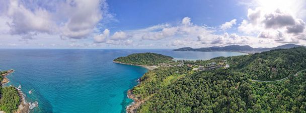 Aerial view drone shot Amazing panorama phuket island. Beautiful island in thailand Amazing High angle view Island seashore with blue sky cloudy sky background. Travel holiday Concept - Photo, Image