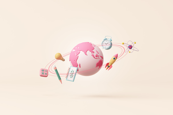 education or business connected world technology pink pastel. globalization globe internet rocket spaceship science time clock ideas imagination pencil maths bulb saturn ring orbit. 3D illustration. - Photo, Image