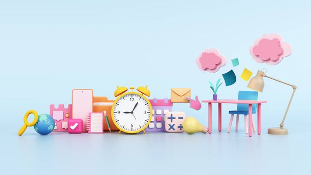 desk work at home or at office online time manage study schedule. business education with stationery are floor lamp, smartphone, calendar, notebook and clock object colorful pastel. 3D illustration. - Φωτογραφία, εικόνα