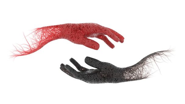 objet modèle 3D mains veines sanguines rouges et veines sanguines noires artères sur fond blanc. coopération, leadership expérimenter la science médicale en laboratoire. gène ADN ou virus. chemin de coupure. Illustration 3D. - Photo, image