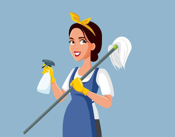 Professional Cleaner with a Sanitizing Spray and a Mop Vector Illustration - Διάνυσμα, εικόνα