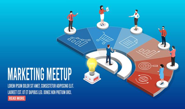 3D isometric Marketing meetup concept with People Brain Storming, sharing experience, marketing expertise, organization, working time, Men and Women Chatting, Communicate, Discussing Working Issues. Vector illustration eps10 - Vector, Image