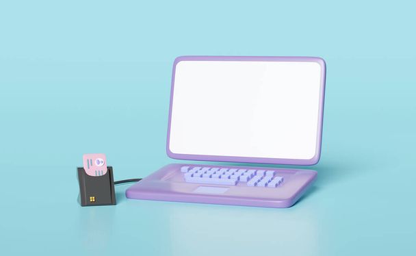 3d purple laptop computer with smart card reader, external USB card reader, Id card icon isolated on blue background. 3d render illustration - 写真・画像