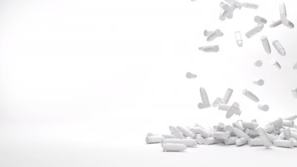 Белый 3D-рендеринг 9-миллиметровых гильз от снарядов, падающих на пол - Кадры, видео