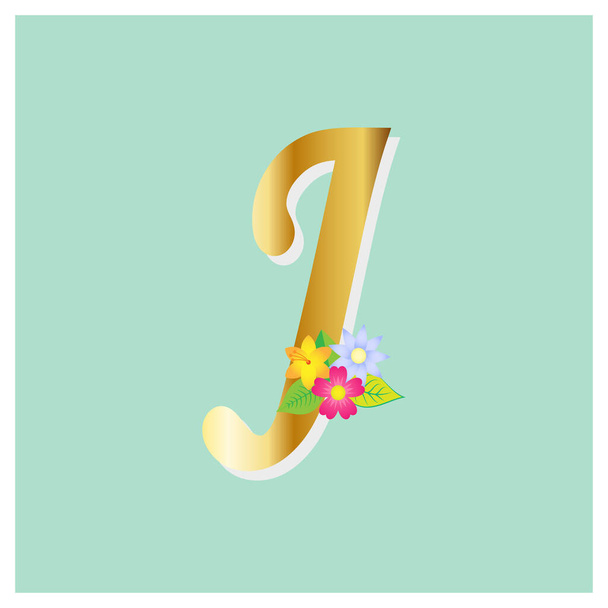 Floral alphabet with flowers and gold glitter composition. botanic decoration multi-purpose for logo, wedding cards, etc. - ベクター画像