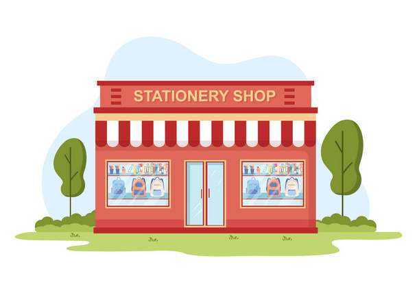 Stationery Store Building for Buying School Supplies Like a Book, Backpack, Notebook, Ruler, Pencil, Pen, Calculator or Scissors in Flat Cartoon Illustration - Διάνυσμα, εικόνα