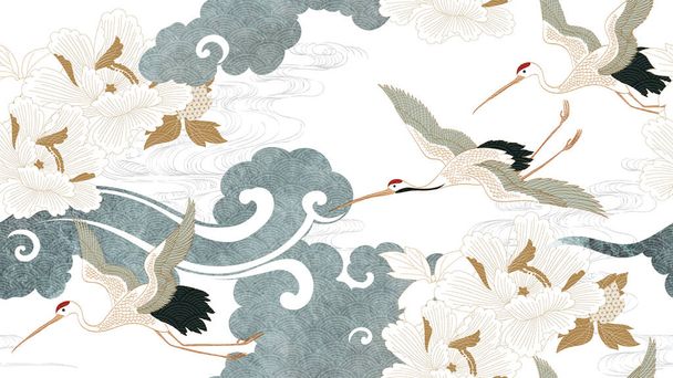 Crane birds vector. Japanese background with blue watercolor texture. Oriental natural wave seamless pattern with chinese cloud decoration banner design in vintage style. Peony floral pattern element. - Вектор,изображение
