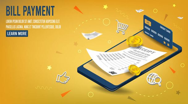 3D isometric Online Payment with Mobile Phone concept with Digital bill for mobile internet banking. Vector illustration eps10 - Vektor, Bild
