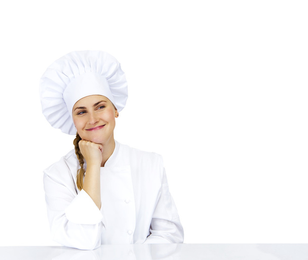 Chef thinking looking smiling and happy to the side. Woman chef, - Zdjęcie, obraz
