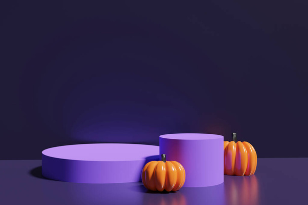 Rendering 3d di podi viola con zucche arancioni su uno sfondo viola scuro per il progetto Halloween - Foto, immagini