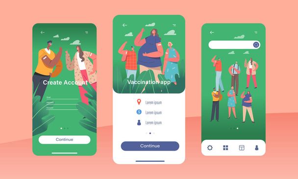 Vaccination Mobile App Page Onboard Screen Template. Vaccinated Characters Show Patch on Shoulder, Male Female Persons Immunization, Health Care Concept. Cartoon People Vector Illustration - Vektor, kép