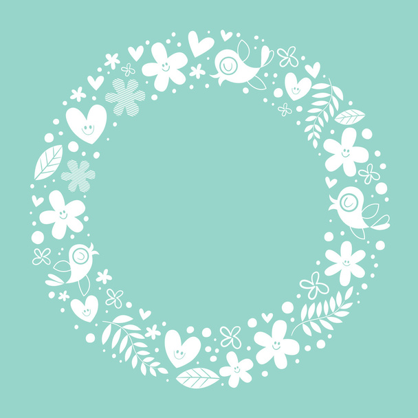 Flowers, hearts, birds circle frame - Vecteur, image