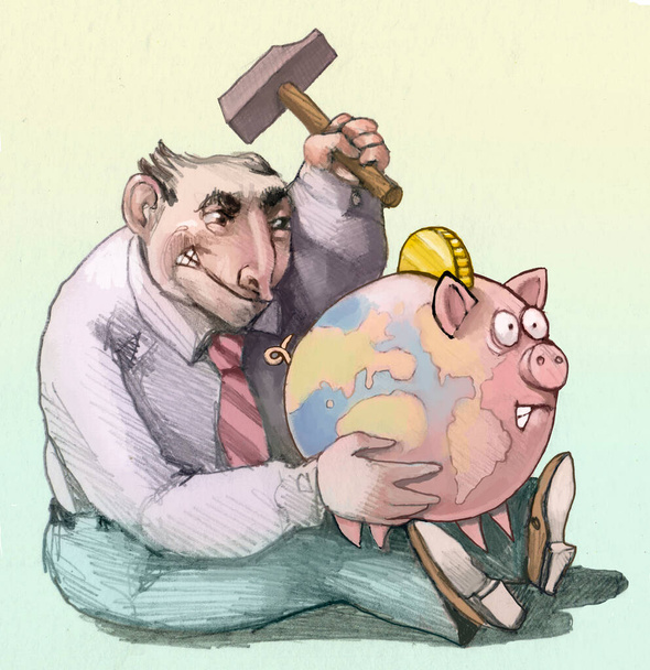 Mann bricht Sparschwein, das die Form des Planeten Erde Finanzkonzepts hat, das den Planeten mit egoistischen und unfairen Entscheidungen zerstört - Foto, Bild