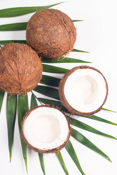 Zralý napůl nakrájený kokos se zelenými listy na bílém pozadí. Izolovaný koncept. - Fotografie, Obrázek