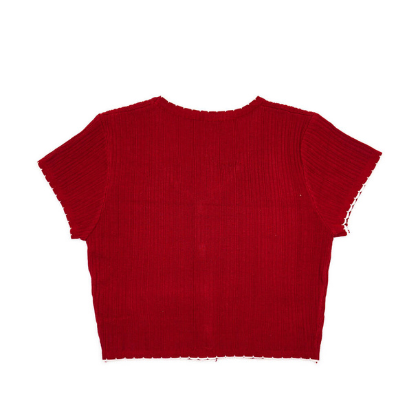 parte de trás de Flatlay corpo inteiro vermelho manga curta T camisa casaco de lã para as mulheres mostram com fundo branco.  - Foto, Imagem