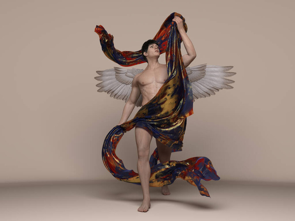 3D Render : Portrait of handsome  male angel with the dynamic fabrics, pin-up concept, super hero concept - Photo, Image