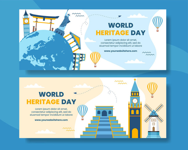 World Heritage Day Horizontal Banner Template Cartoon Background Vector Illustration - Διάνυσμα, εικόνα