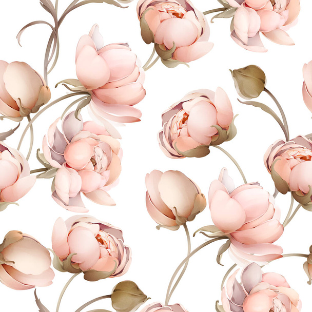Seamless spring pattern with a bouquet of peonies. Vintage wallpaper with flowers in pastel colors - Photo, image