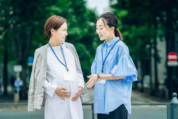 Business woman talking to a pregnant woman outdoors - 写真・画像
