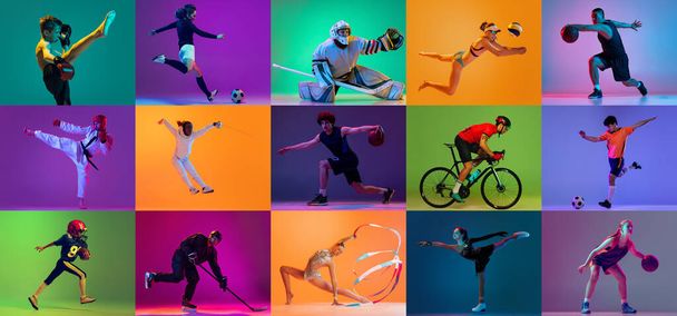Summer and winter sports. Set of images of professional sportsmen isolated on multicolored neoned background. Concept of motion, action, active lifestyle, achievements, challenges. - Photo, Image