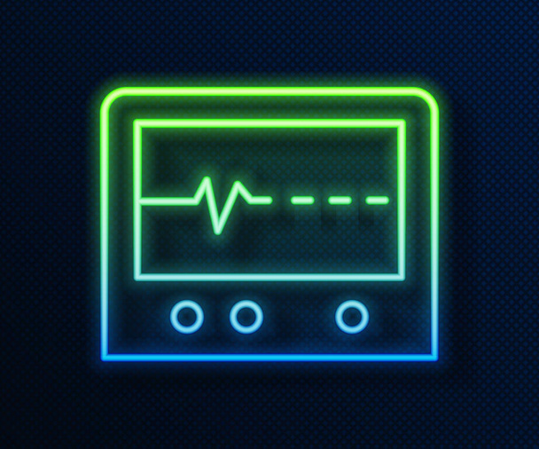 Leuchtende Leuchtschrift Beat Dead im Monitor-Symbol isoliert auf blauem Hintergrund. EKG, das den Tod zeigt. Vektor. - Vektor, Bild
