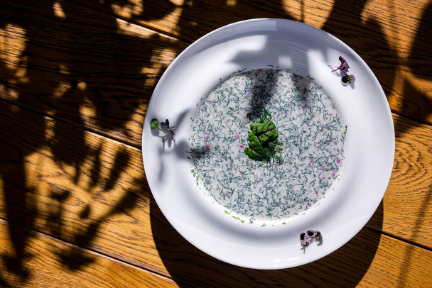 Okroshka with dill, radish, and sorrel in a plate on a wooden table - Foto, imagen