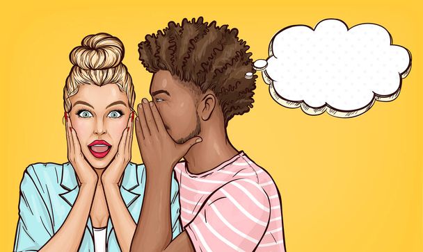 Vector pop art black man whispers to the ear gossips or secrets of surprised blonde girl. Shocked beauty woman with open mouth listen shocking news or information about sales, announcement, discounts. - ベクター画像